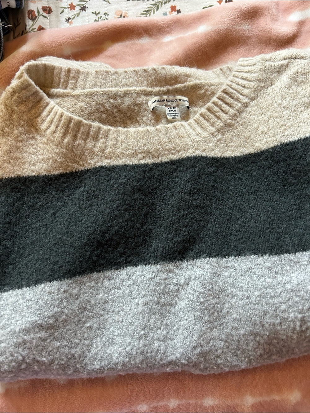 American Eagle Outfitters Striped Crewneck Sweater in Cream, Black & Gray